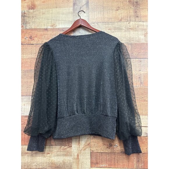 Jolie & Joy Black Glitter Long Sleeve Top With Sheer Polka Dot Balloon Sleeves X - Picture 6 of 8